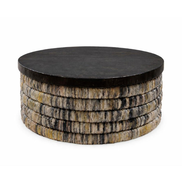 Table basse Magani, ronde en bananier, finition lavée grise