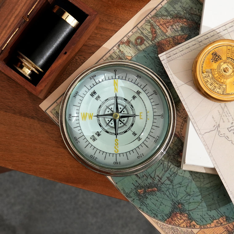 Aluminium Compass Paperweight with Glass Top | Vintage Decor