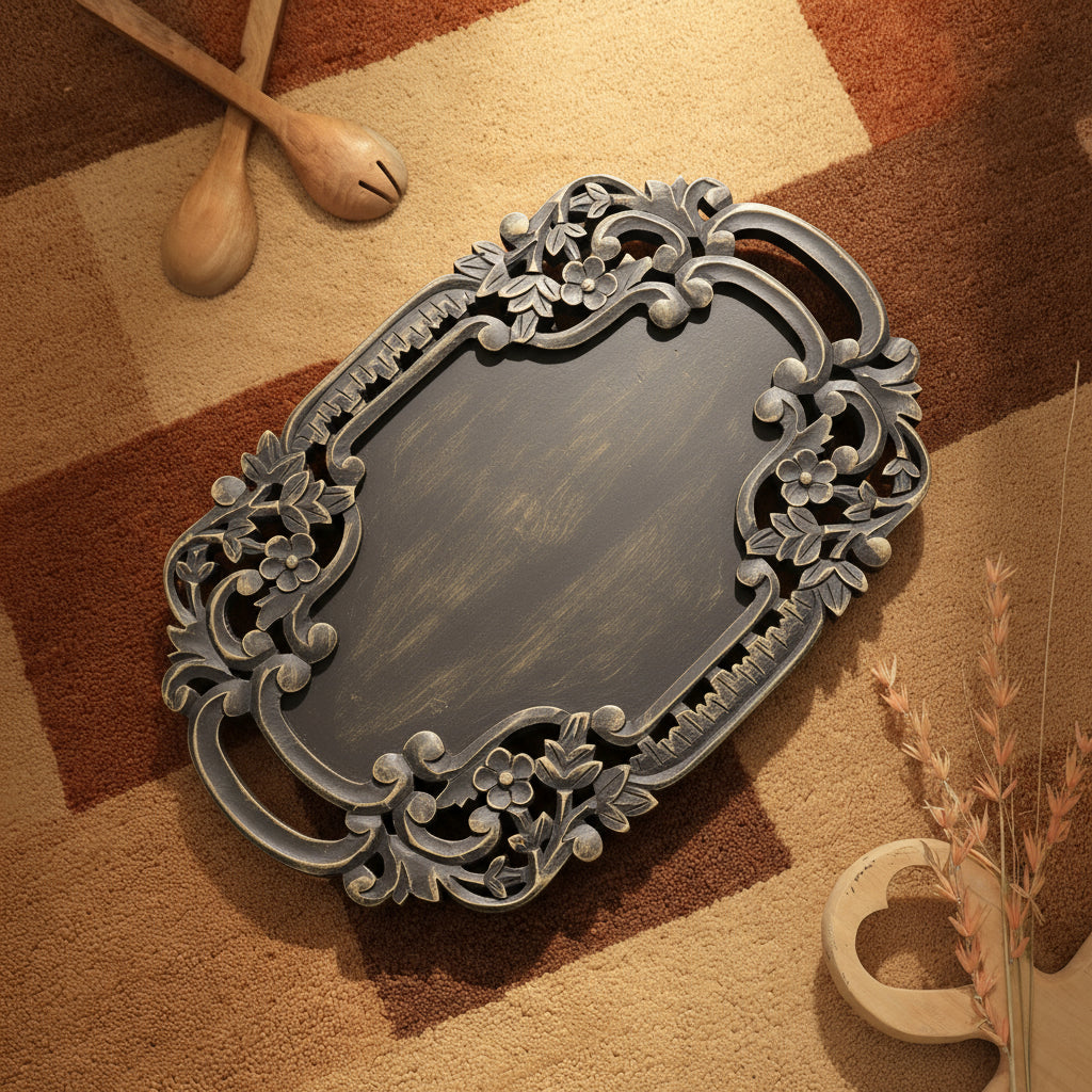 Handcrafted Black Adirondack Carved Wood Serving Tray | Rustic Decorative Wooden Tray with Handles | Farmhouse Decor