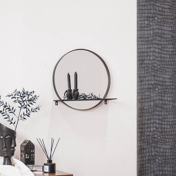 Mirror - Round - Metal - With Shelf - Black - Ø 40 cm