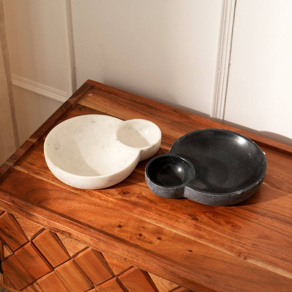Elegante Black Natural Stone Two-Compartment Serving Dish | Modern Dip, Snack & Condiment Bowl