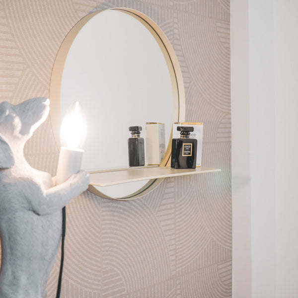 Round Metal Mirror with Shelf - Sand - Ø40 cm