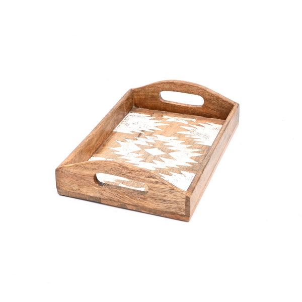 Ensemble de 3 plateaux gigognes en bois de manguier sculpté Matterhorn - Plateaux de service décoratifs blanchis pour la décoration intérieure