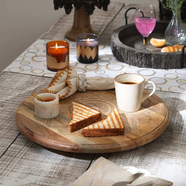 Handcrafted Golden Mandala Wooden Rotating Lazy Susan Serving Tray - Decorative Dining Table Centrepiece