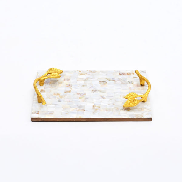 Parelmoerhars dienblad met bladgouden handvatten | Luxe decoratie