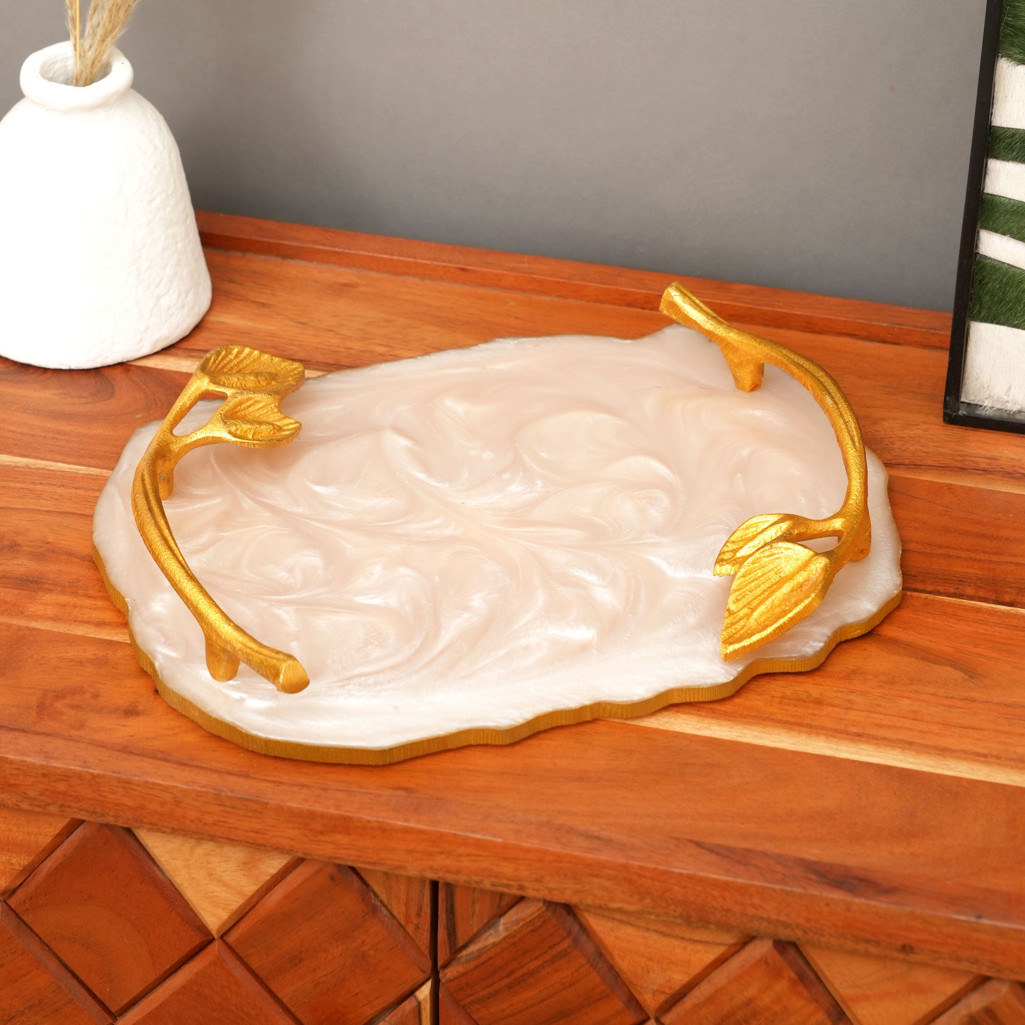 Luxury Marble Finish Leaf Handle Serving Tray | Gold Accents