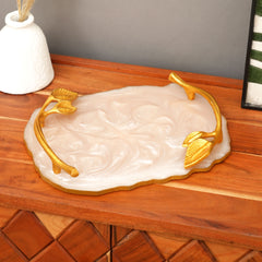 Luxury Marble Finish Leaf Handle Serving Tray | Gold Accents