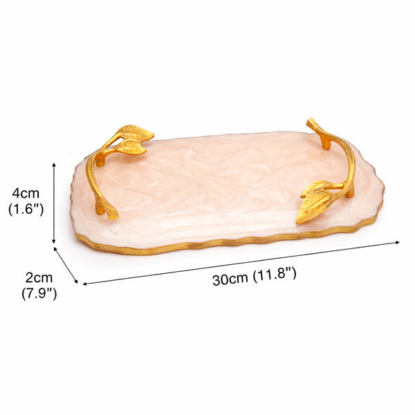 Luxury Marble Finish Leaf Handle Serving Tray | Gold Accents