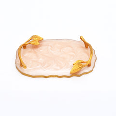 Luxury Marble Finish Leaf Handle Serving Tray | Gold Accents