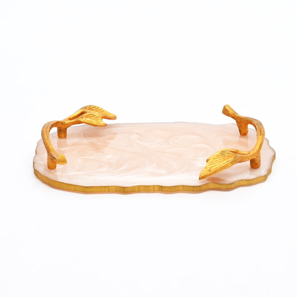 Luxury Marble Finish Leaf Handle Serving Tray | Gold Accents