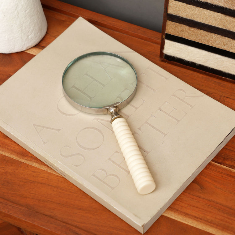 Vintage Style Magnifying Glass with Carved Resin Handle | White