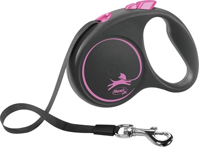 Laisse Flexi rétractable, coloris noir, motif design rose, S 5 m jusqu'à 15 kg