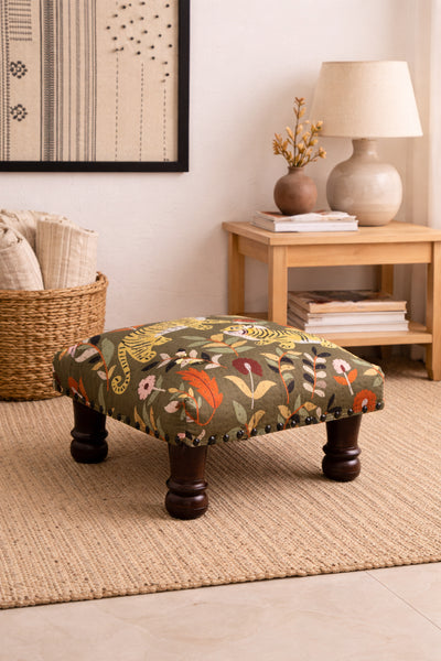 Repose-pieds Tigre Botanique en Coton avec Pieds en Bois – Vert