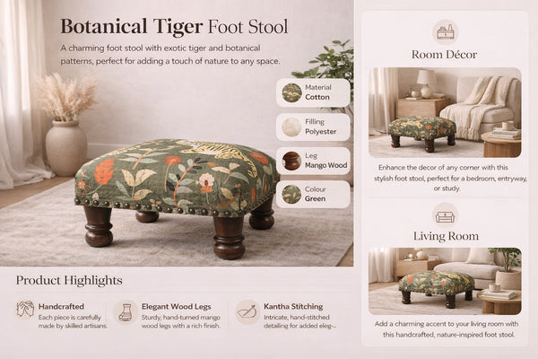 Repose-pieds Tigre Botanique en Coton avec Pieds en Bois – Vert