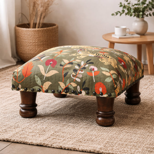 Repose-pieds Tigre Botanique en Coton avec Pieds en Bois – Vert