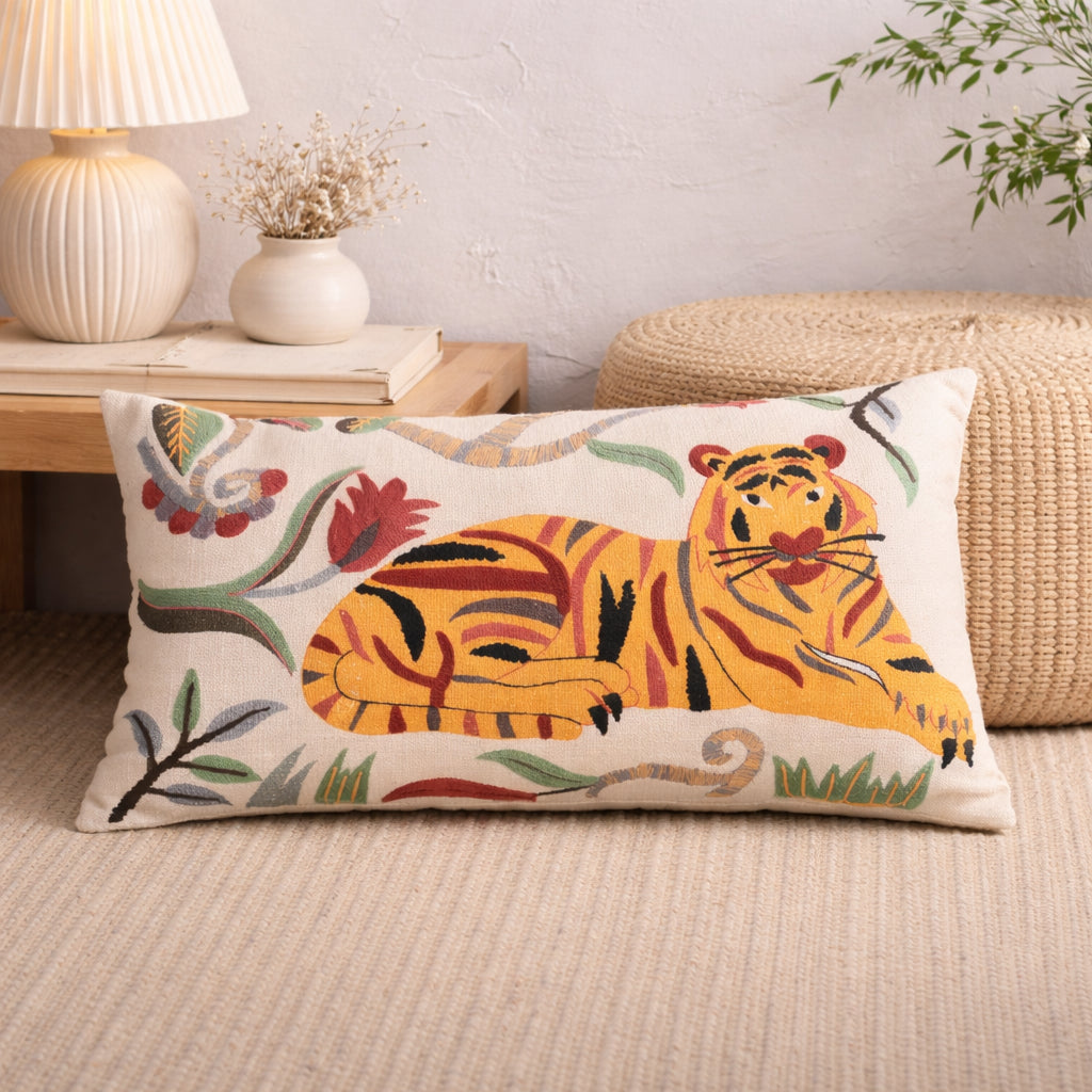 Floral Safari Tiger Cotton Cushion 35 x 60 cm