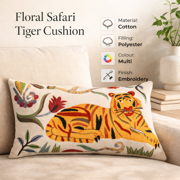 Floral Safari Tiger Cotton Cushion 35 x 60 cm
