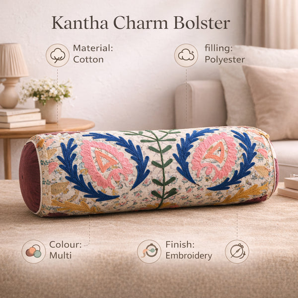 Floral Embroidered Cotton Bolster Cushion Multicolor 53 x 20 cm
