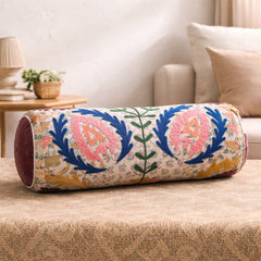 Floral Embroidered Cotton Bolster Cushion Multicolor 53 x 20 cm