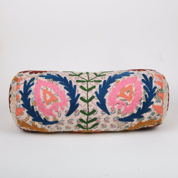 Floral Embroidered Cotton Bolster Cushion Multicolor 53 x 20 cm