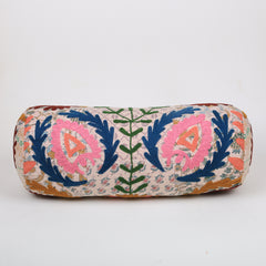 Floral Embroidered Cotton Bolster Cushion Multicolor 53 x 20 cm