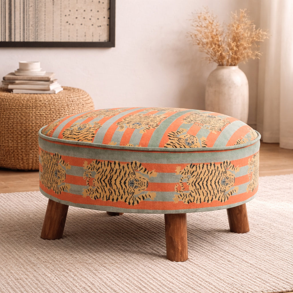 Cotton Round Footstool with Wooden Legs - Tiger Print - 60 cm