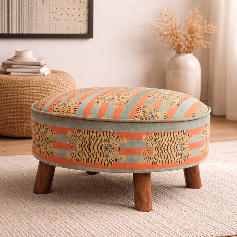 Cotton Round Footstool with Wooden Legs - Tiger Print - 60 cm