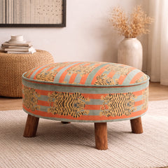 Cotton Round Footstool with Wooden Legs - Tiger Print - 60 cm