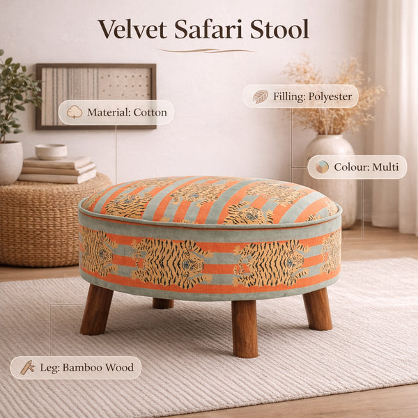 Cotton Round Footstool with Wooden Legs - Tiger Print - 60 cm