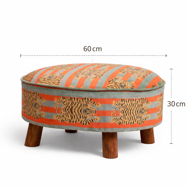 Cotton Round Footstool with Wooden Legs - Tiger Print - 60 cm