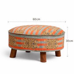 Cotton Round Footstool with Wooden Legs - Tiger Print - 60 cm