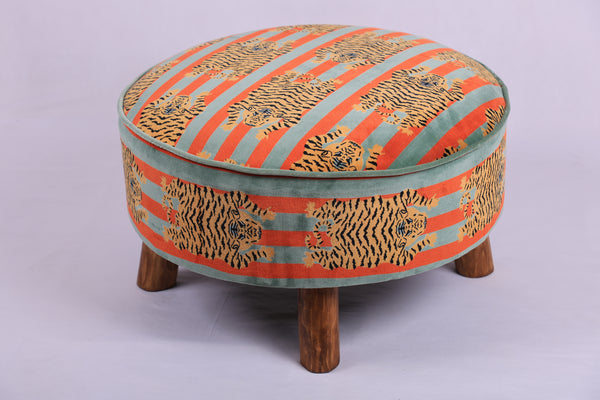 Cotton Round Footstool with Wooden Legs - Tiger Print - 60 cm