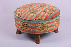 Cotton Round Footstool with Wooden Legs - Tiger Print - 60 cm