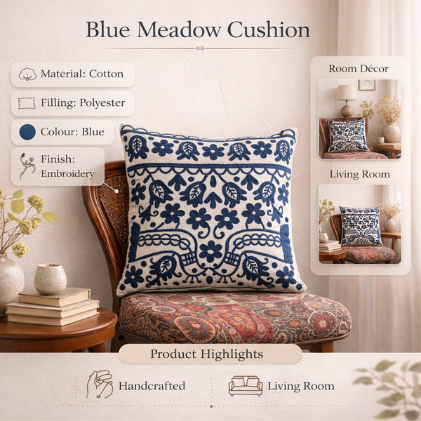 Blue Embroidered Cotton Cushion with Filler 45x45 cm