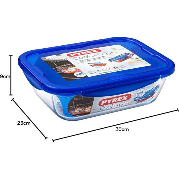 PYREX COOK & GO Rechthoekige bewaarschaal 3,3 L 30 x 23 cm + blauw deksel
