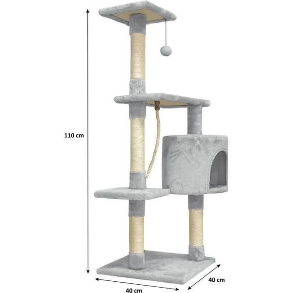 PALOMA Grey cat tree 40 x 40 x 114 cm - 3 platforms, 1 rope, 1 cubby, scratching posts