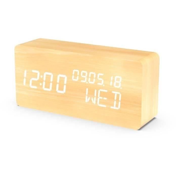 4-in-1 alarm clock: display time date day temperature - EVOOM - WOOD - natural wood