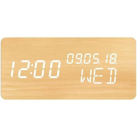 4-in-1 alarm clock: display time date day temperature - EVOOM - WOOD - natural wood