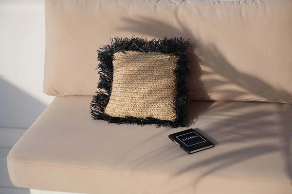 Housse de Coussin en Raphia Carrée - Noir Naturel - 40x40