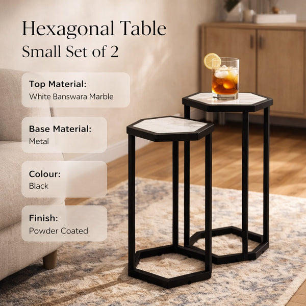 Table en marbre hexagonale petit ensemble de 2