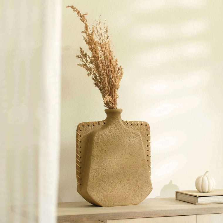 Niraan Short Ecomix Vase - Handcrafted Eco-Friendly Decor, Sustainable Cane Accent | Modern Rustic Tabletop Display for