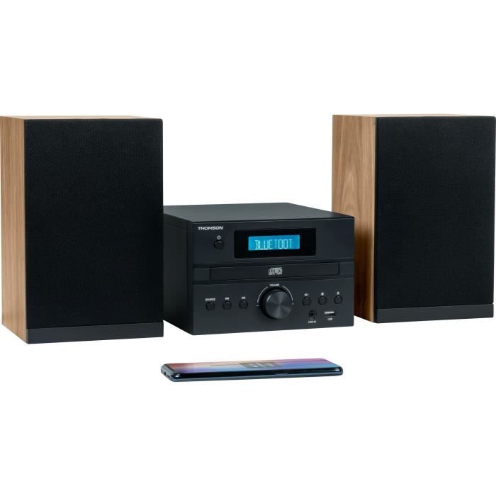 Bluetooth microsystem - THOMSON - Wood/Black - FM/CD/MP3/USB radio, 20W RMS, FM RDS tuner, headphone jack, remote control, power supply. 230V