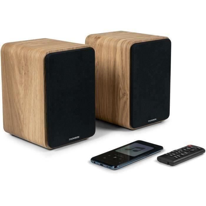 THOMSON WS602DUO - Set of 2 speakers with wooden case - 100W - Bluetooth 5.0 - 2 RCA outputs - Light wood