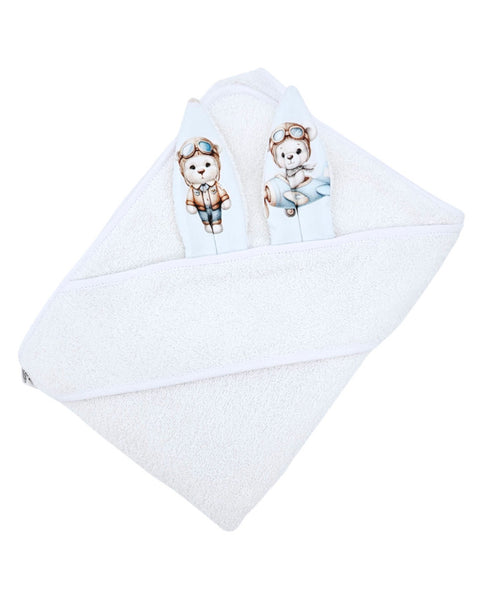 Cotton bath robe PILOT BEAR/WHITE