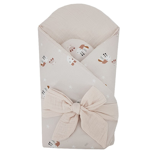 Printed Cotton+Muslin Swaddle Blanket with Coconut BEES/BEIGE